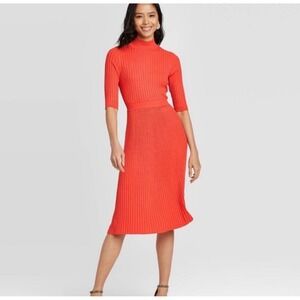 WHO WHAT WEAR Orange Ribbed Mock Neck Elbow Sleeve Midi Sweater Dress